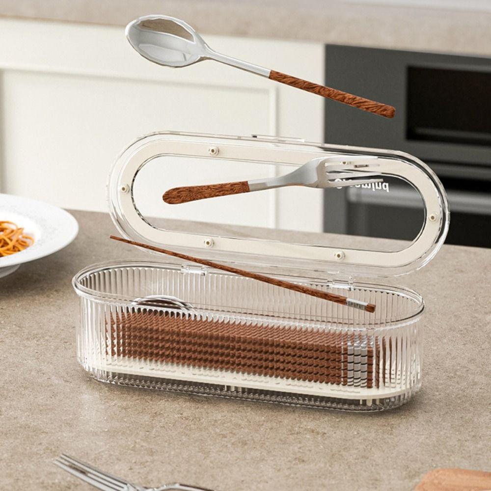 With Draining Tray Cutlery Storage Box Flip Cover Flatware Holder Chopstick Organizer  Outdoor