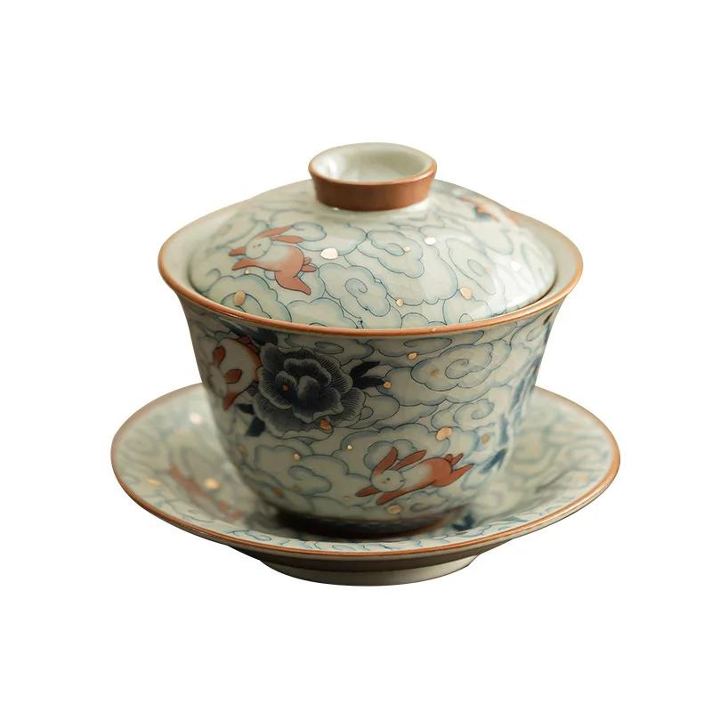 100ml Ru Yao Small Gaiwan Set For Tea Ceramic Opening Chinese Tureen Cloud Tea Bowl Kung Fu Rabbit Tea Chawan Tea Cups Lily Deng