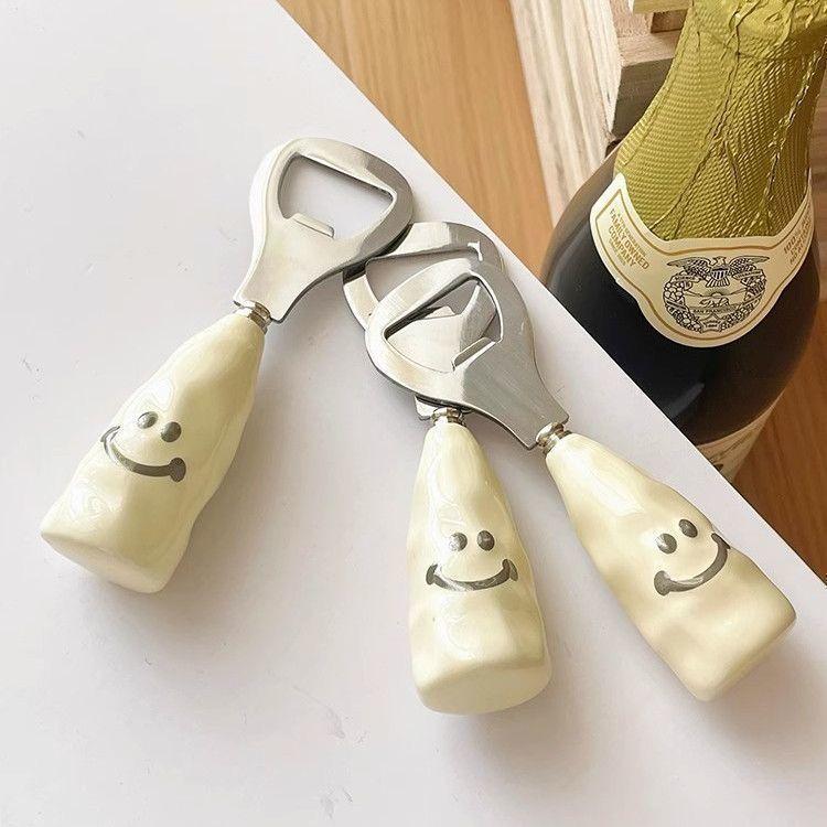 Cute smiling face beer bottle opener ceramic handle can stand up bottle opener creative stainless steel cap opener