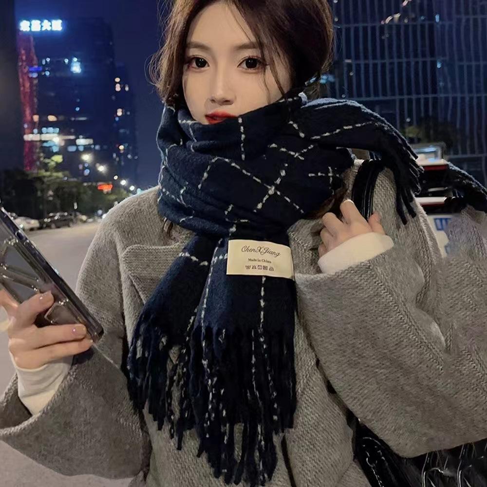 Women's & Couple Korean Style Plaid Scarf Fringed Winter Fleece-Like Cashmere Thickened Warm Versatile Skin-Whitening Shawl Student Neck Warmer