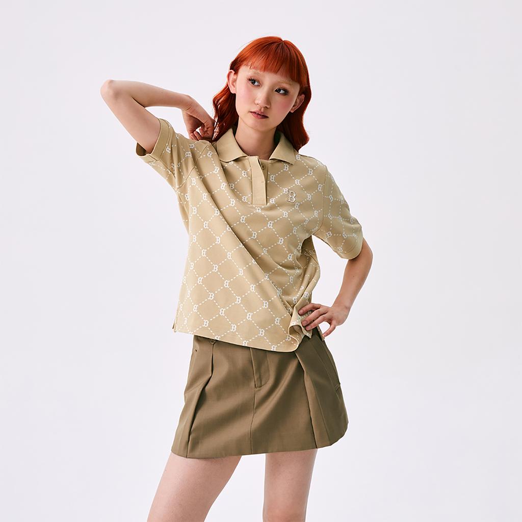 New MLB MONOGRAM Collection Boston Red Sox SS25 Polo Shirt Women's Light Beige Yellow 3FPQM0253-43BGL