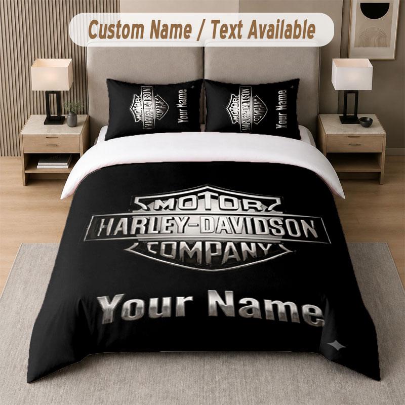 Custom Bedding Set Harley-Davidson Pattern, Print Name Text 1 Duvet Cover Plus 2 Pillowcases Home Textile