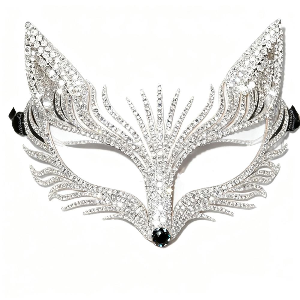 Halloween Rhinestone Fox Mask Veil Masquerade Women Accessories Carnival Cosplay Geometric Crystal Face Chain Mask Party Jewelry