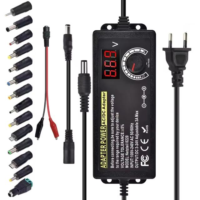 Adjustable Power Supply Variable AC-DC Power Adapter Laboratory 3V-24V-3A with US/EU Plug Female Home Appliance Alligator Clip