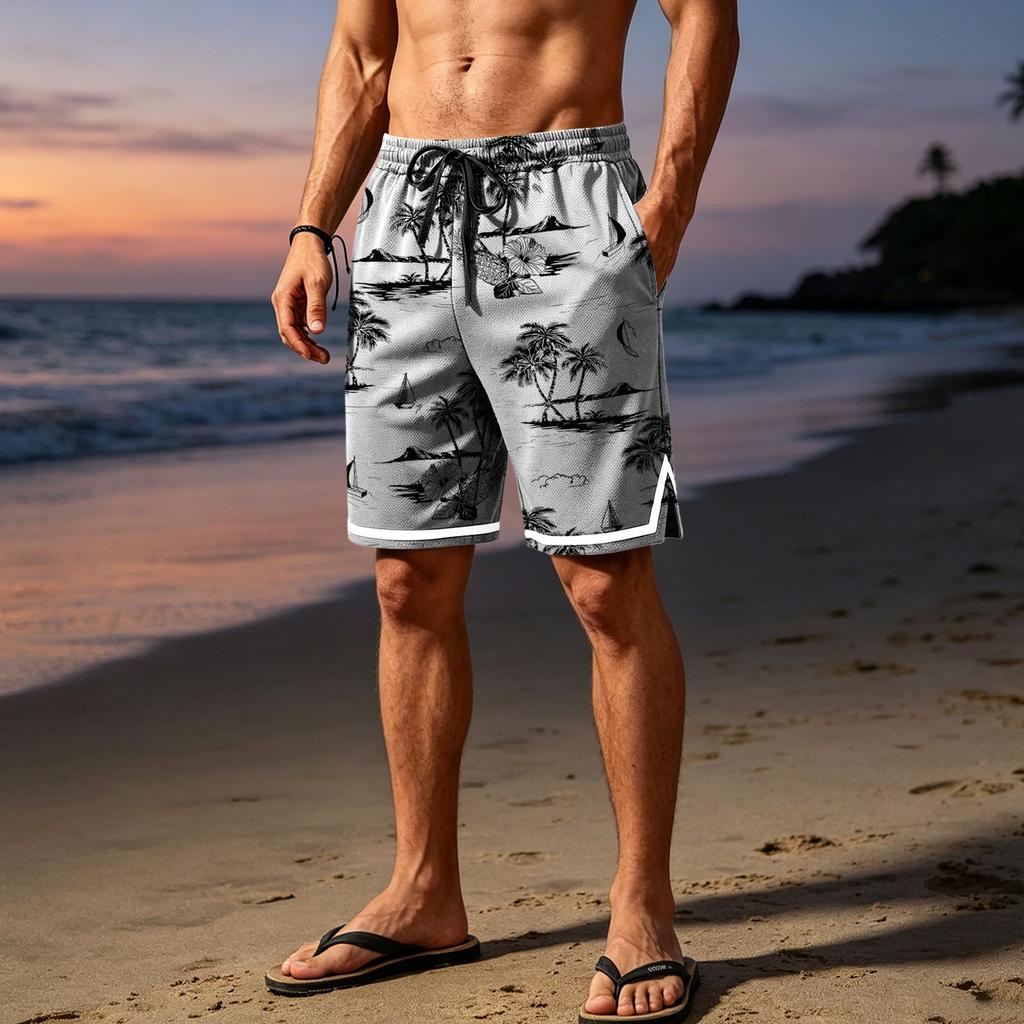 Men Mesh Breathable Casual Sports Shorts with Elastic Waistband and Drawstring Beach Style Printed Design for Summer Activities