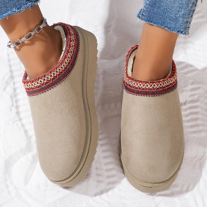 Fashion Ethnic Geometric Embroidery Close Toe Cotton Slides Women 2025 Short Plush Flat Heel Snow Boots Winter Warm Indoor Slippers