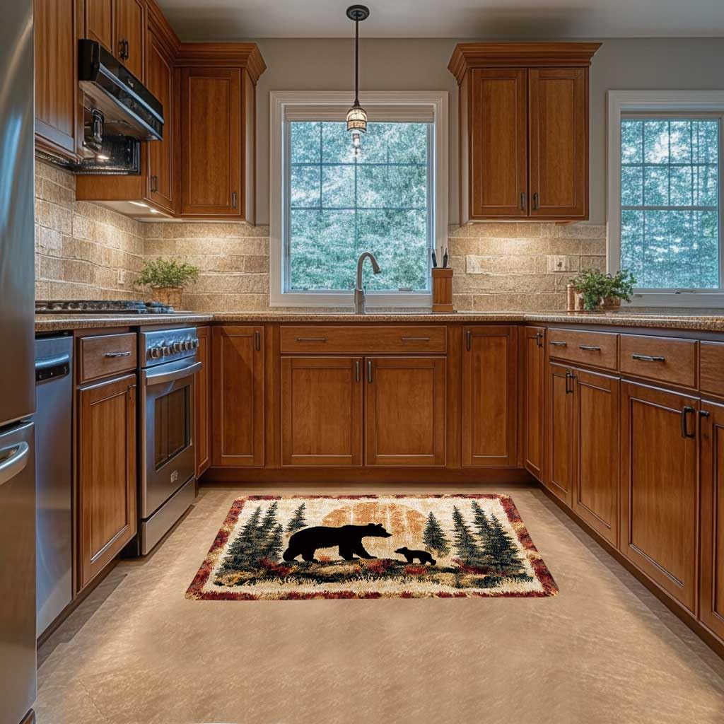 Bear Rug Mat Farmhouse Bathroom Rugs Animal Black Bear Forest Trees Rustic Cabin Carpet Camping Bath Rug Sets for Bathroom Bedroom Kitchen Outdoor