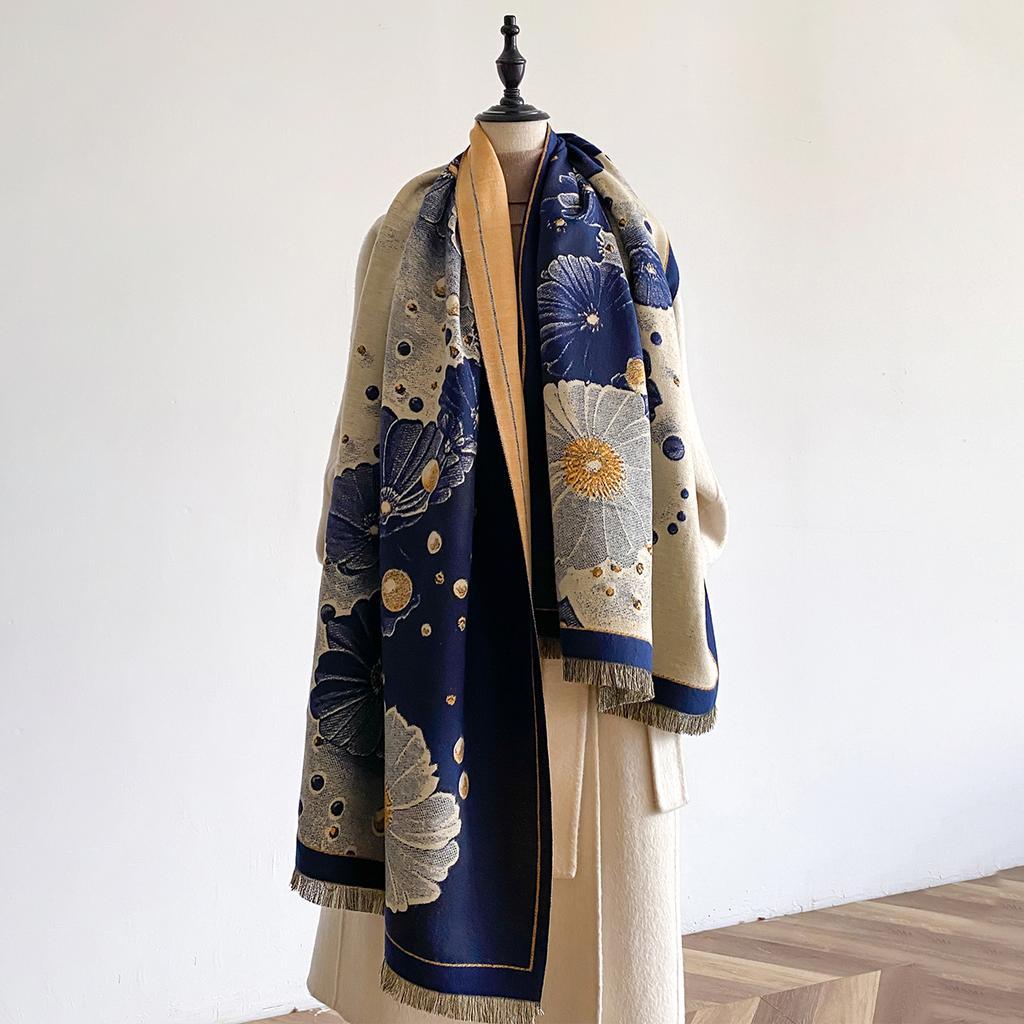 Luxury Winter Flower Imitaion Cashmere Scarves High Quality Women Thicken Wrap Shawl Ladies Warm Pashmina Peacock Besign Scarf