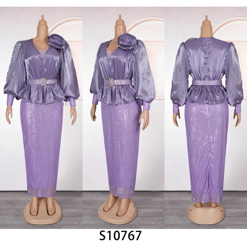 Elegant Plus Size African Womens Evening Dress Long Sleeve Deep V Neck Sequin Trimmed Fit-and-Flare Gown Party