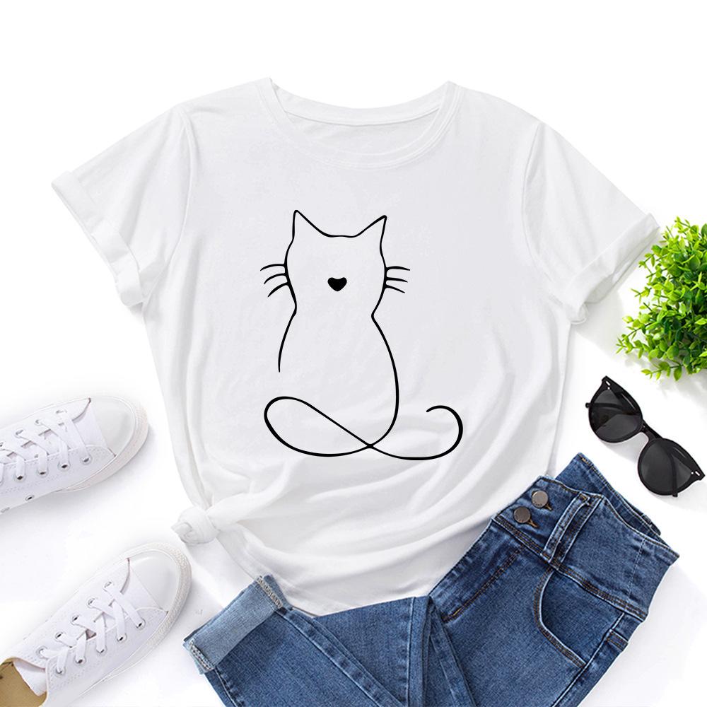 Cat Pattern Loose Cotton T-Shirt Short Sleeve Round Neck Women 2d Print Tops