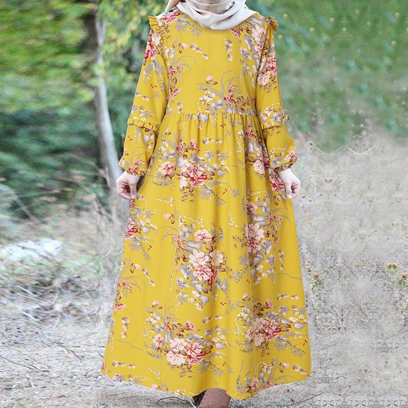 Moda musulmana Vestido de estampado floral Mujer O-cuello Manga larga  Primavera Verano Vestido largo ZANZEA comprar a buen precio — entrega  gratuita, reseñas reales con fotos — Joom