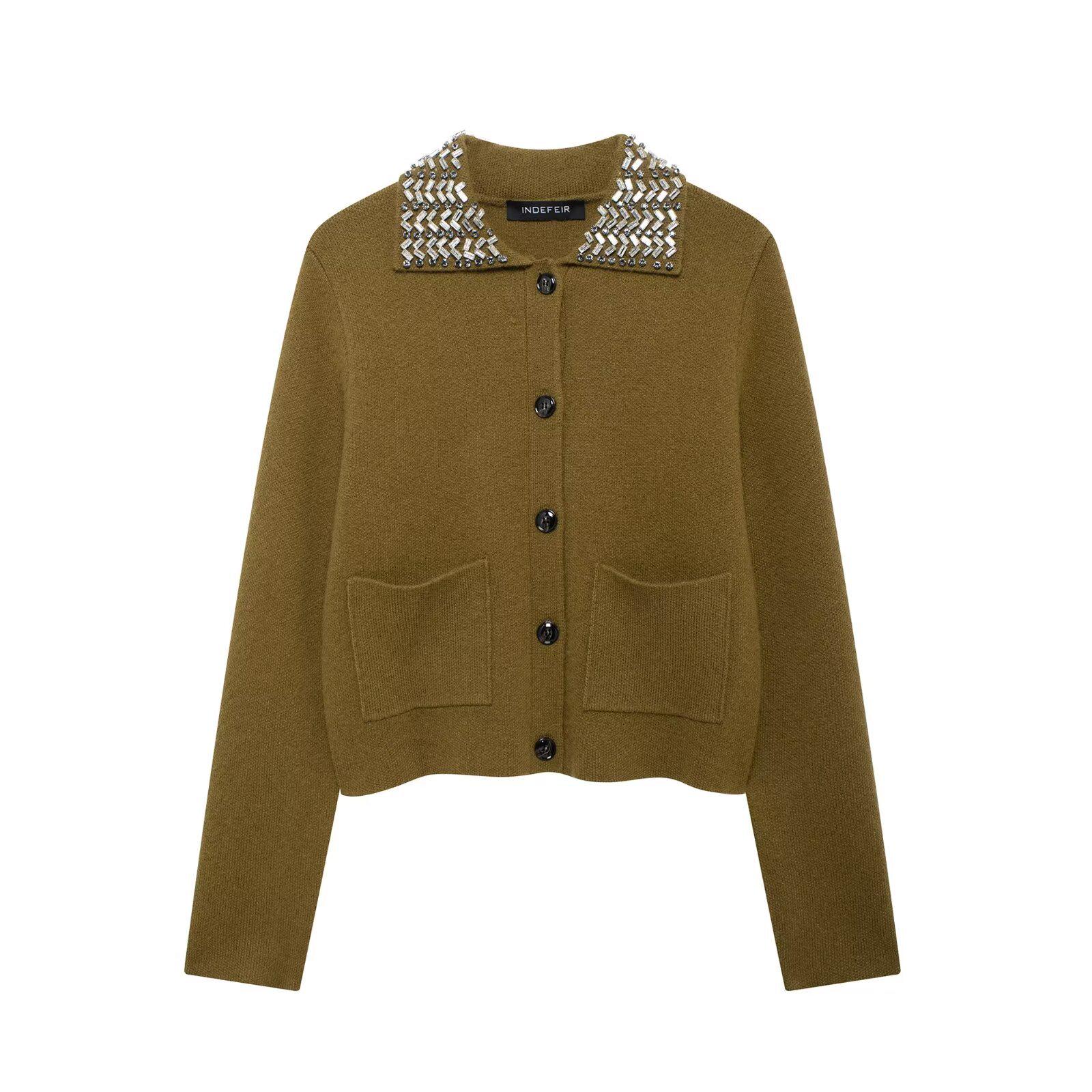 

2024 Осень Женский Модный Кардиган с Лацканами в Европейском и Американском Стиле с Ювелирными Украшениями Small коричневый