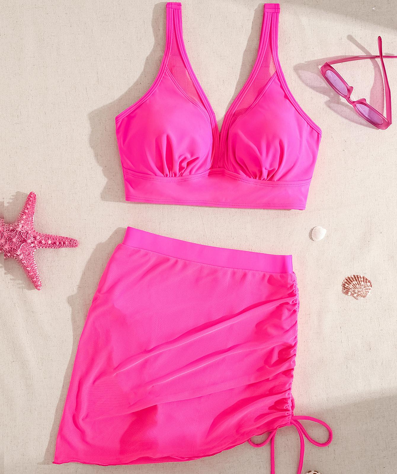 

Женские купальники Черный сетчатый сплайсинг с высокой талией Купальник Комплект бикини Пляжная одежда Купальные костюмы M розовый