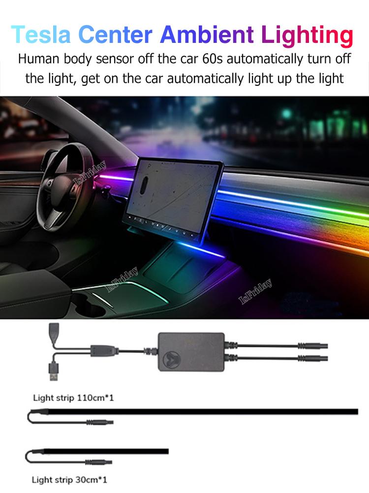 New For Tesla Model 3 Y Center Console Dashboard Wireless Charging RGB Neon LED Light Strip Musical Rhythm USB Power APP Control