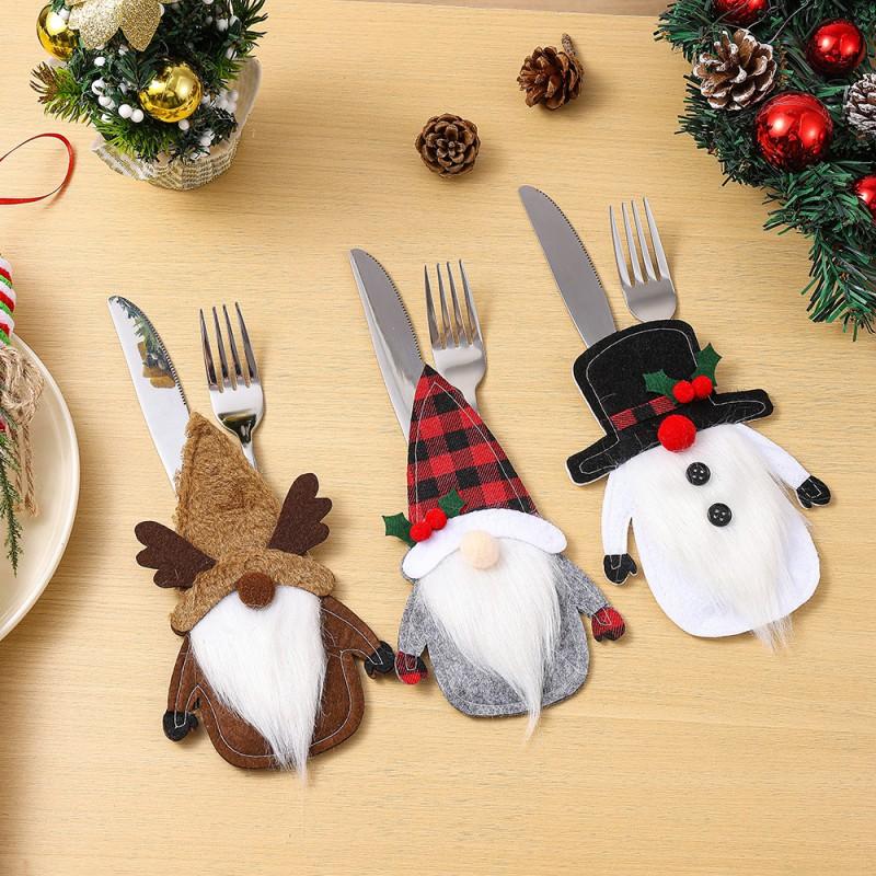 Christmas Tableware Covers Set - Santa Claus Reindeer Snowman Cartoon Cutlery Sleeves Holiday Dinner Decor