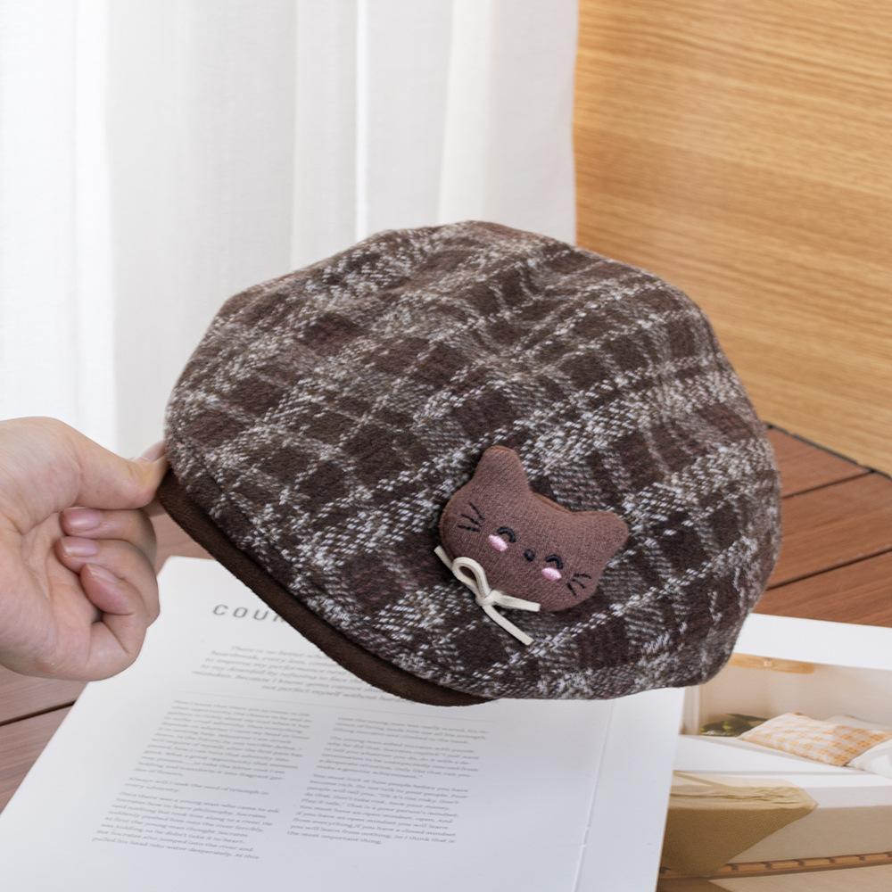 Cartoon plaid woolen octagonal hat female retro fashion versatile atmosphere show face small newsboy beret forward hat