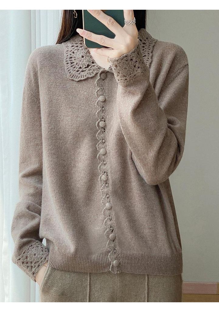 2026 Spring/Autumn Women's Crochet Lace Collar Mercerized Wool Cardigan, Machine Washable Knit Jacket.