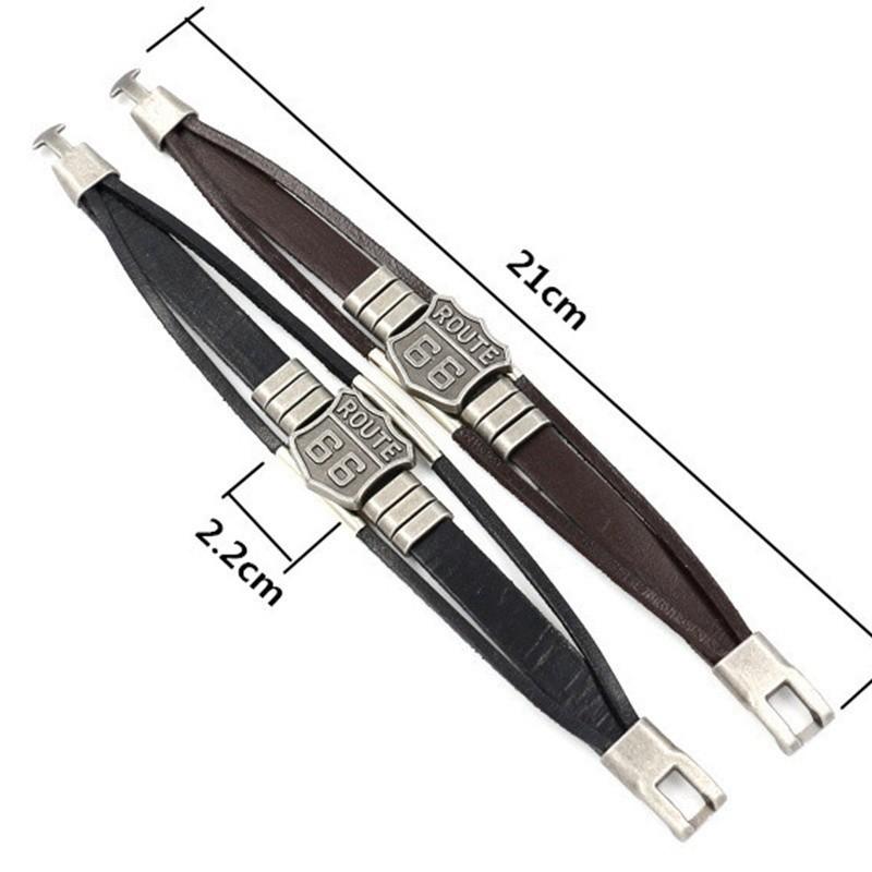 Módní americký vzor Route 66 Náramek Pánský náramek Kovový Vícevrstvý kožený náramek Doplňky