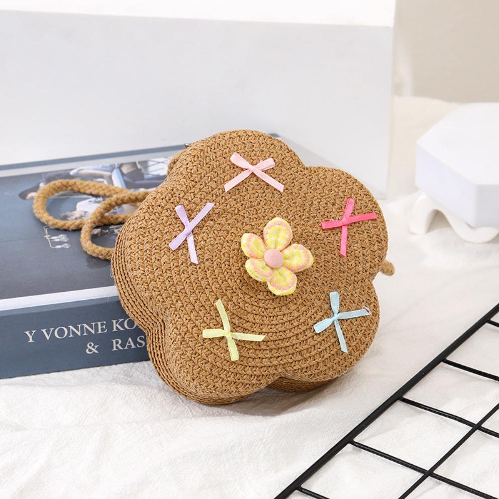Cute Children Girls Shoulder Bag Flower Bow Handmade Straw Baby Bags Messenger Bag Kids Keys Coin Purse Cute Mini