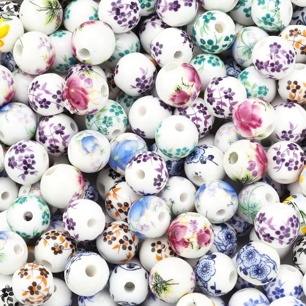 50Pcs 10mm Round Ceramic Beads Colorful Plum Blossom Sunflower Pattern Loose Porcelain Beads For DIY Bracelet Necklace Jewelry