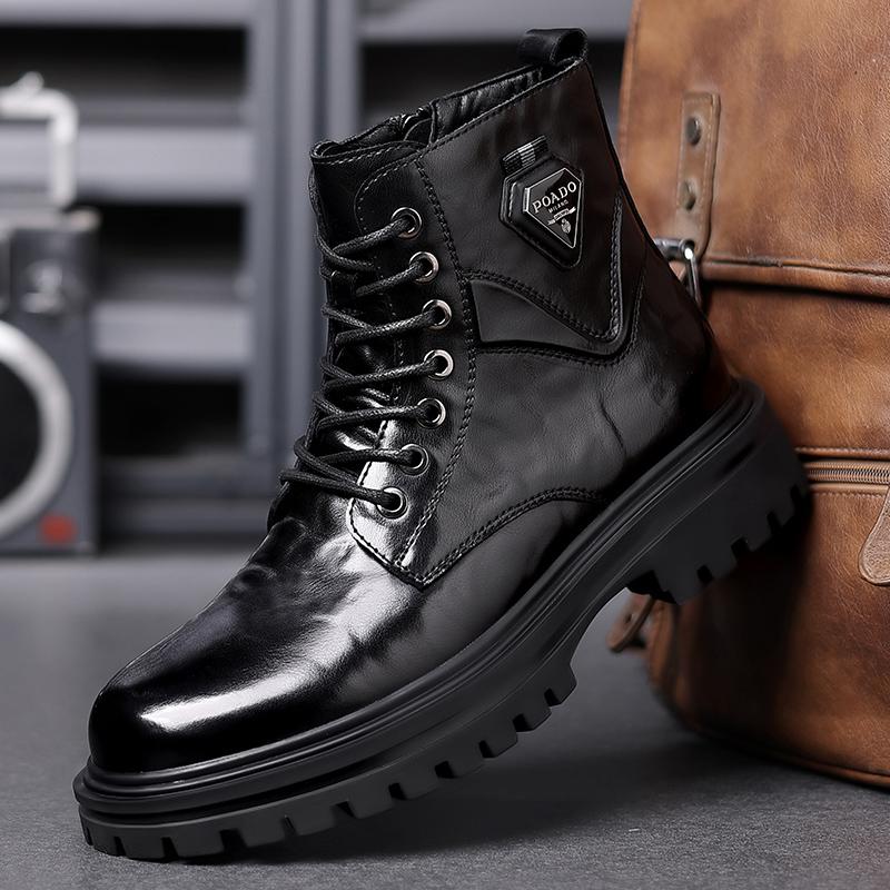 Teplé zimní boty z plyšové kožešiny Nové vysoké pánské motorkářské boty Měkká kůže Šněrovací pánské boty Zimní formální sněhule