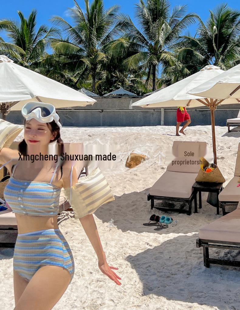 Women's High-End Striped Bikini Set with Cover-Up - Slimming Fit, Small Bust, Korean Conservative Style