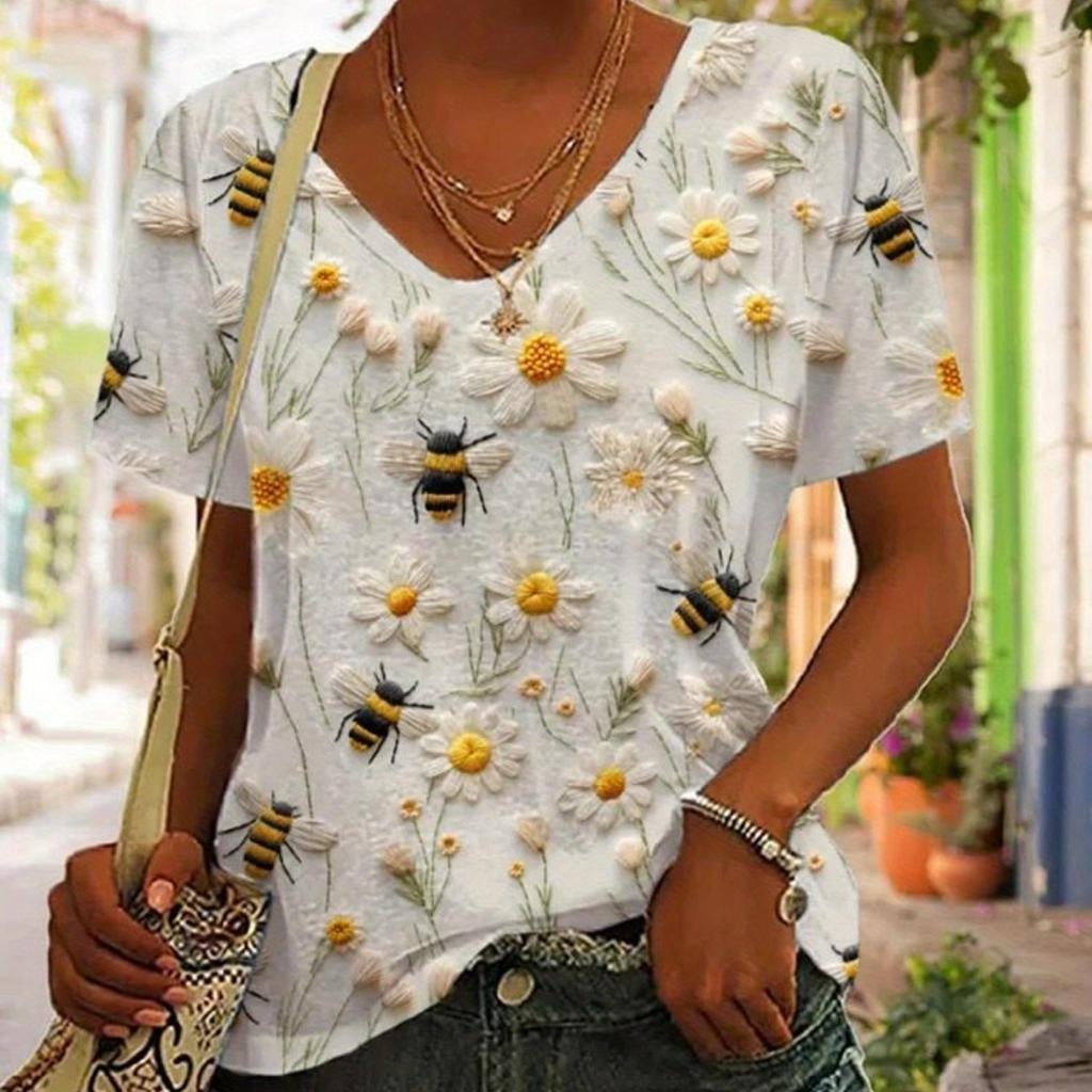Floral Print V Neck T-shirt, Casual Short Sleeve Top For Spring & Summer, Women's Clothing