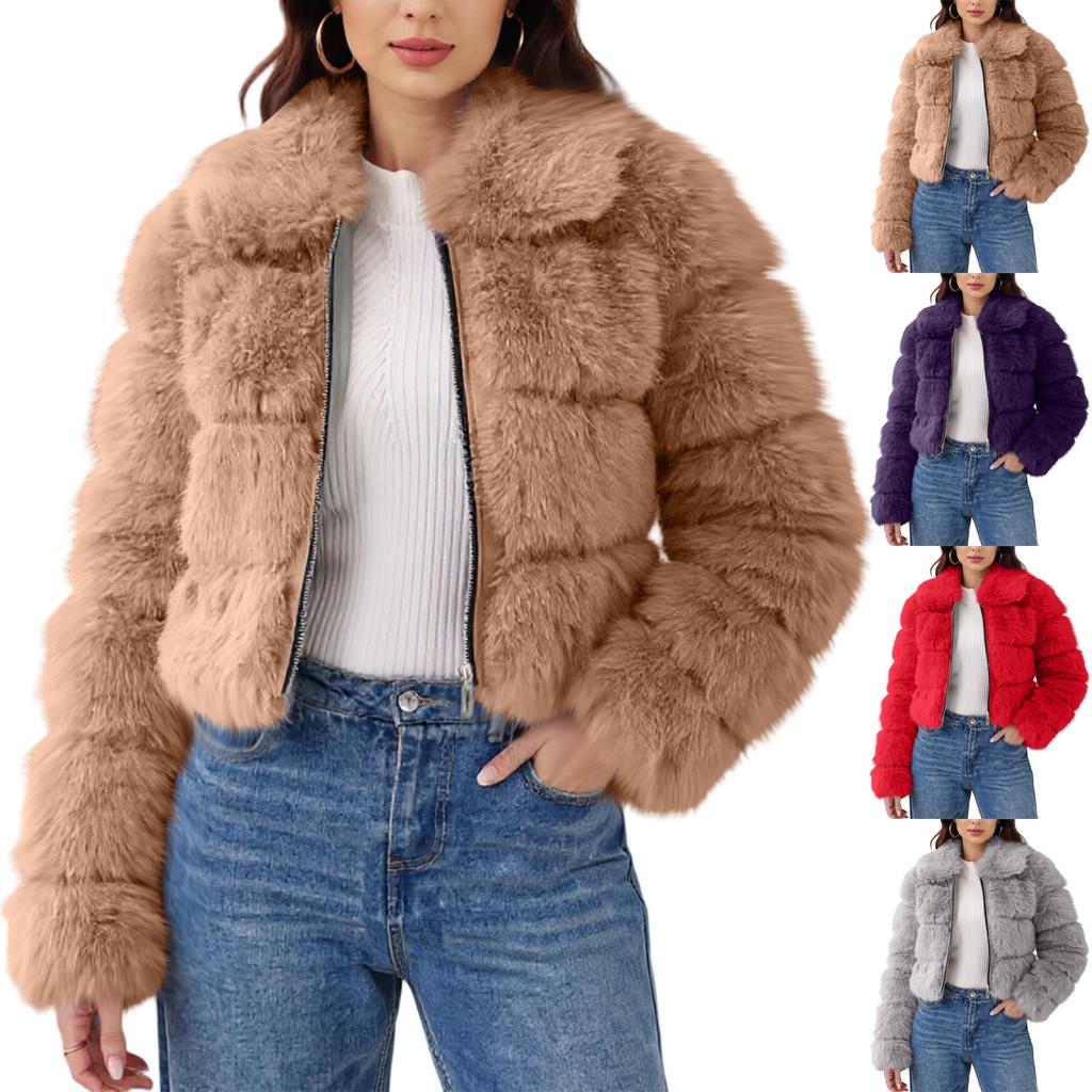 Women's Fashionable Warm Long Sleeve  Solid Color Furry Collar Coat