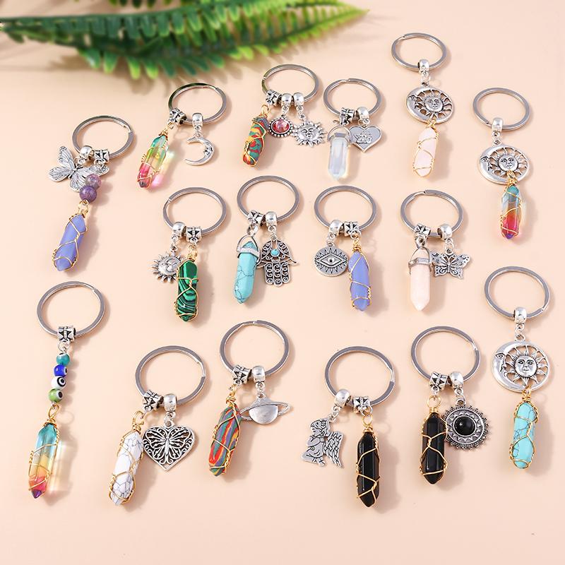 Natural Turquoise Stone Keychain Antique Silve Metal Keyrings Quartz Crystal Key Chains Gift DIY Handbag Jewelry Accessories