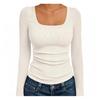 Women‘s Ribbed Square Neck Top, Long Sleeve Slim Fit Basic Shirt for Fall Winter Spring, Casual Crop Tee