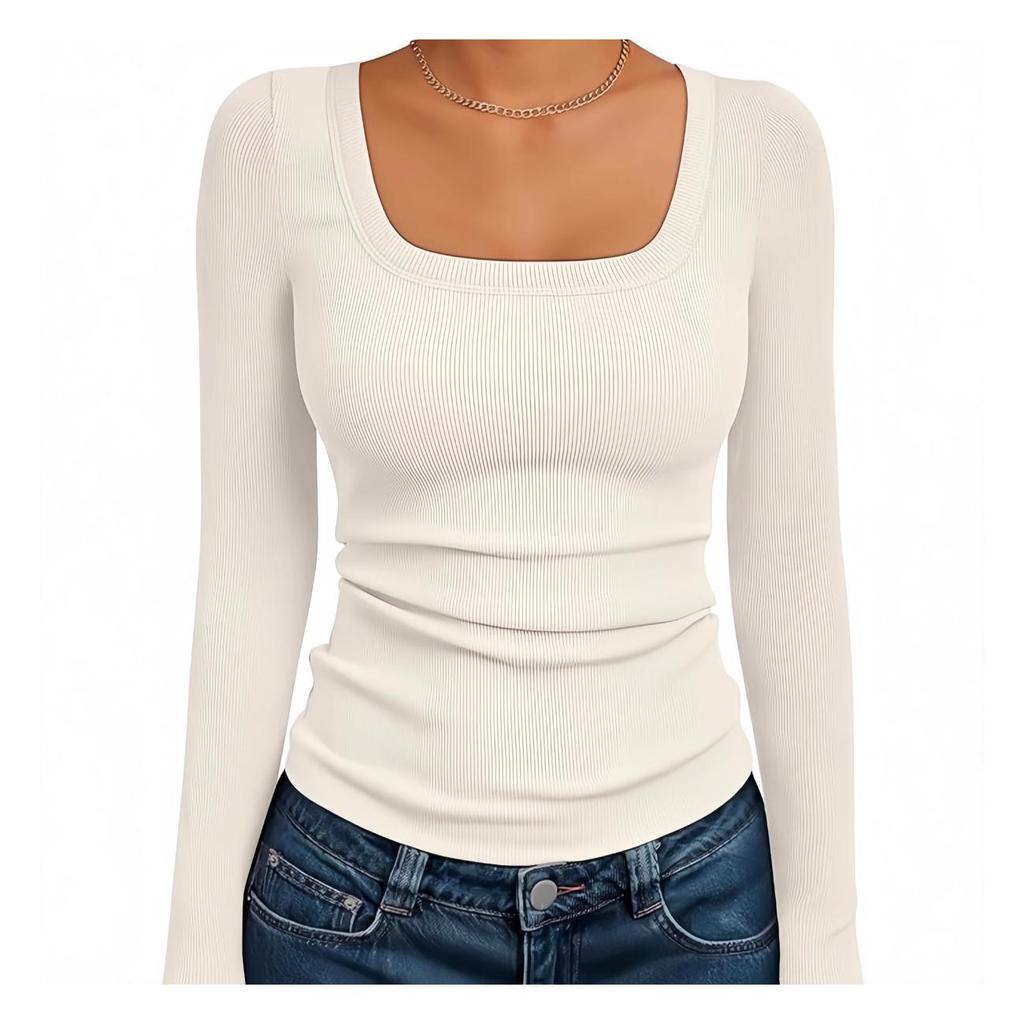 Women‘s Ribbed Square Neck Top, Long Sleeve Slim Fit Basic Shirt for Fall Winter Spring, Casual Crop Tee