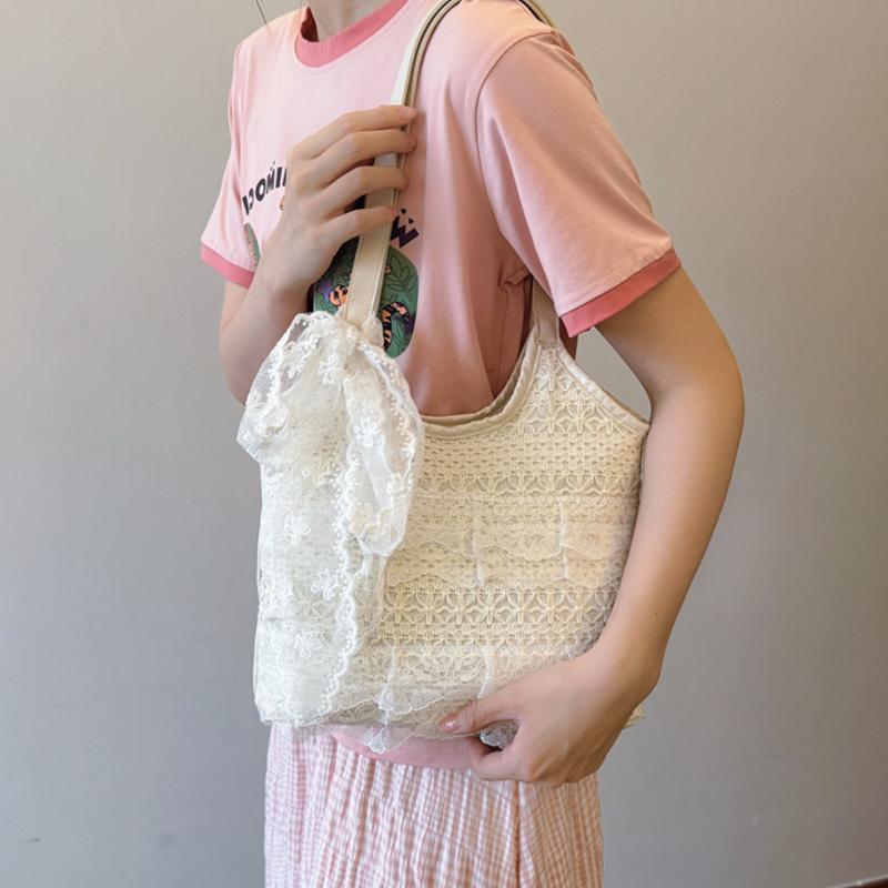 Korean Sweet Lace Hollow Knitted Shoulder Bag Large-Capacity Holiday Casual Tote Bag