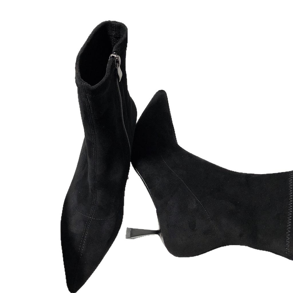 Französische königliche Schwester elastische Wildleder dünne Stiefel Herbst und Winter neu hohe Absätze spitze Zehen dünne Absätze einfache Pendler Kurzstiefel