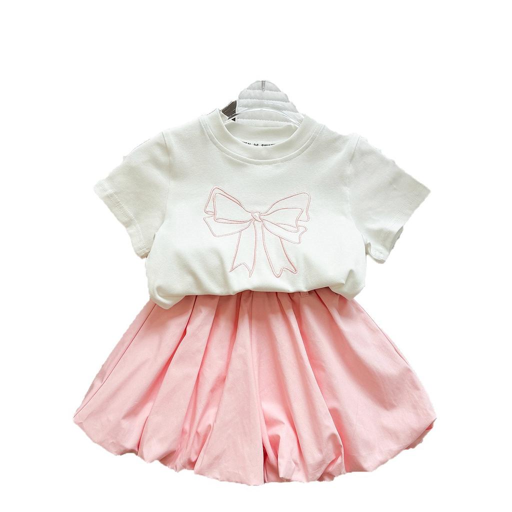 Girls Summer Embroidered Bow Short Sleeve T Shirt And Bud Shorts Two Piece Set Fashionable Casual Outfit For Kids