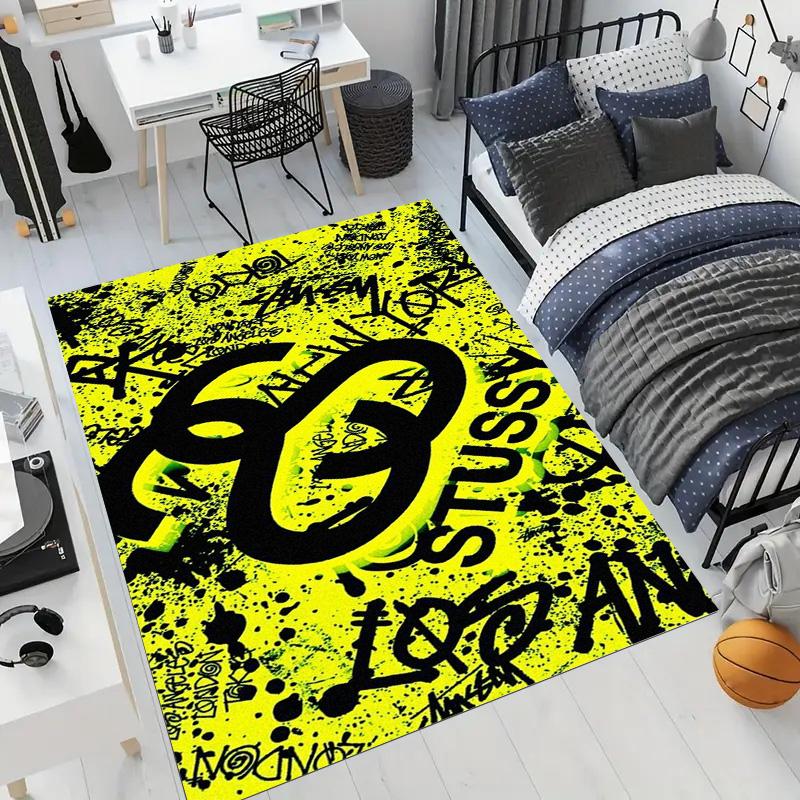 Bright Yellow Splash Ink Graffiti Logo Area Rug Non Slip Mat, Black Spray Paint Street Text Print Carpet for Game Room Decor