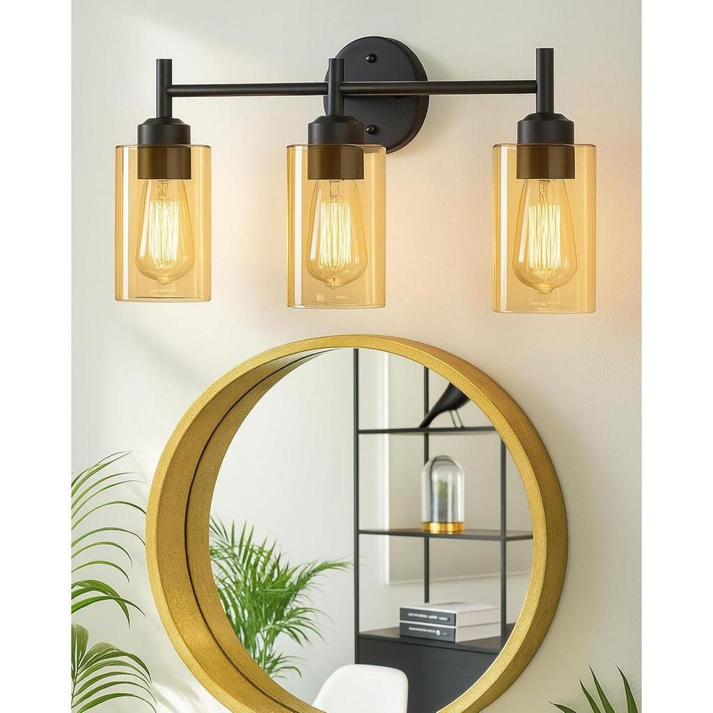 Black Wall Sconce,Modern Bathroom Wall Light Fixtures 3-Light Bathrooms Vanity Light, Bathroom Lights Over Mirror, Farmhouse Glass (Amber)