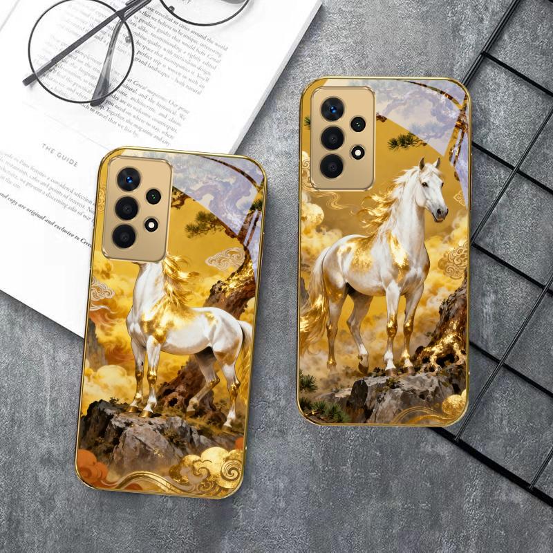 tall and sturdy horse For Samsung A 01 52S A04 A05S A10 A12 A13 22 23 24 36 42 M02 Note 10 20Ultra 8 9 Golden glass phone case