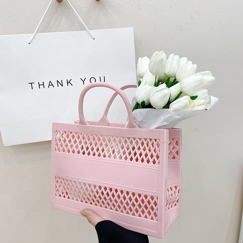 2025 Summer New Shopping Basket Handheld PVC Bag Jelly Bag Large Capacity Basket Storage Basket Candy Color Hollow