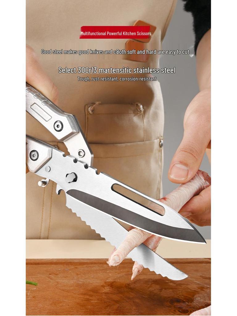 Multifunctional Kitchen Shears: Sharp Chicken Bone Scissors, Convertible Fruit Knife, and Auto-Rebound Scissors.