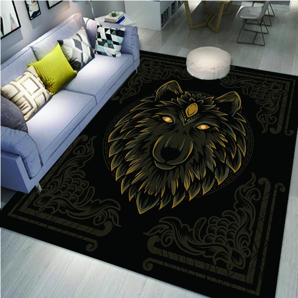 Wolf Carpet Bohemian Mandala Flower Area Rug for Living Room Bathroom Laundry Room Decor Wild Animal Doormat Non-Slip Floor Mat
