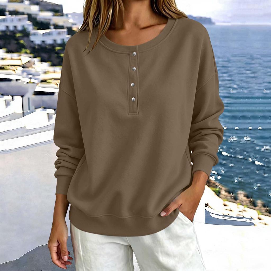 Women's Button Front Neck Pullover Sweatshirt Long Sleeve Color