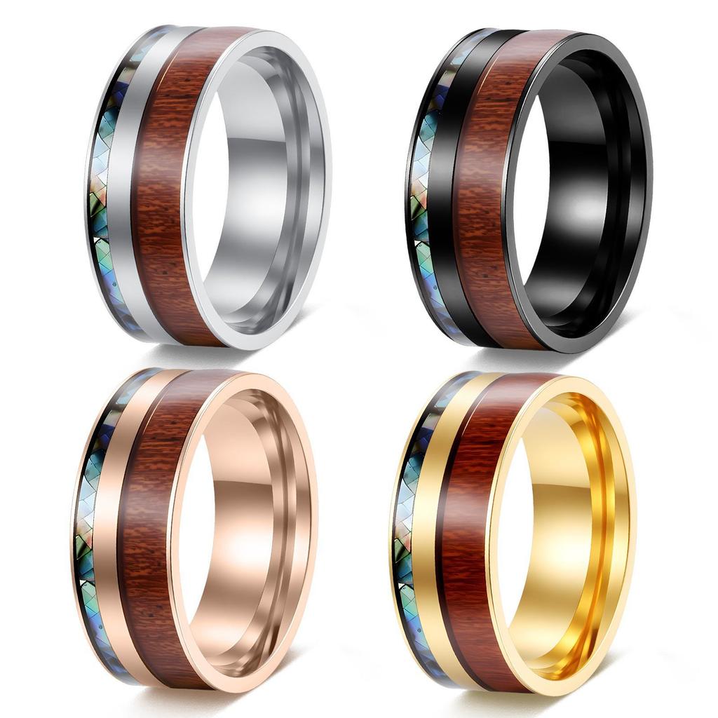 European-American Wood Grain Abalone Shell Titanium Steel Ring - Luxury Men's Tungsten Carbide Jewelry.