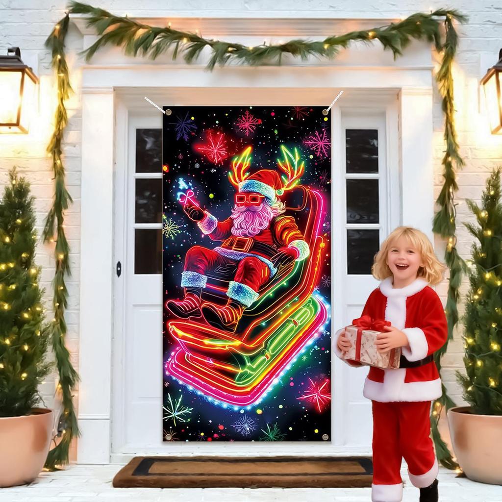 Santa Kryt na vchodové dveře 3x6 stop UV Fluorescenční Vánoční dekorace Dekorace na verandu Pozadí Banner Pro Garáž Verandu Vchod Venkovní