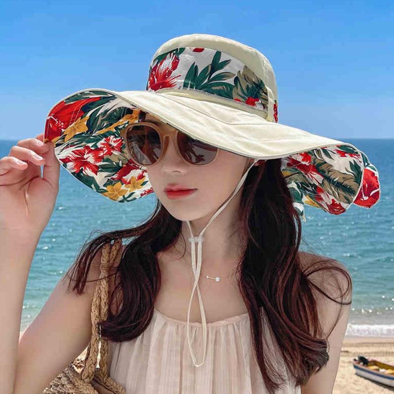 Women's Extra Wide Brim Beach Sun Hat, Summer Fashion Printed Ribbon Sun Cap, UV Protection Foldable Breathable hat