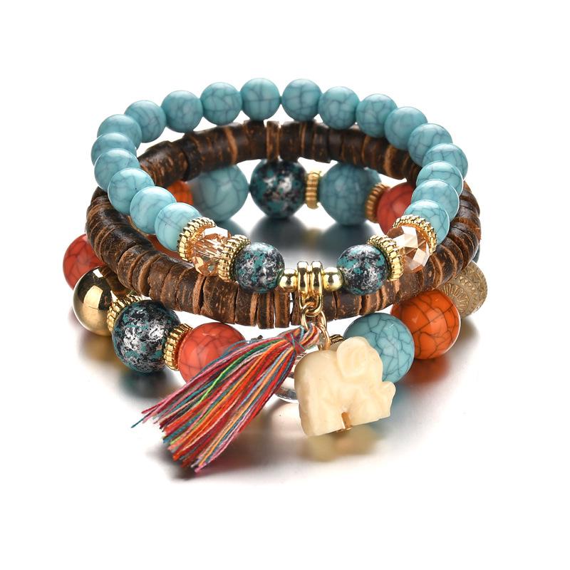 Bohemian Elephant Tassel Multi-Layer Wood Bead Bracelet
