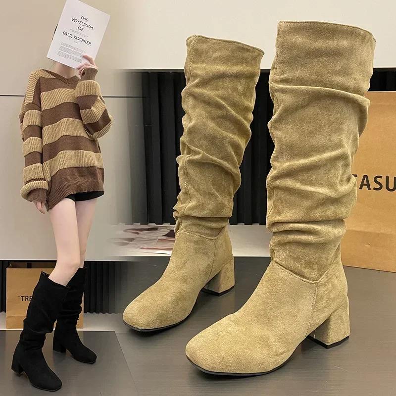 

Pleated High Heels Long Knight Boots for Women Autumn Pointed Toe Knee High Boots Woman Slip on Thin Heeled Western Botas Mujer 35 хаки