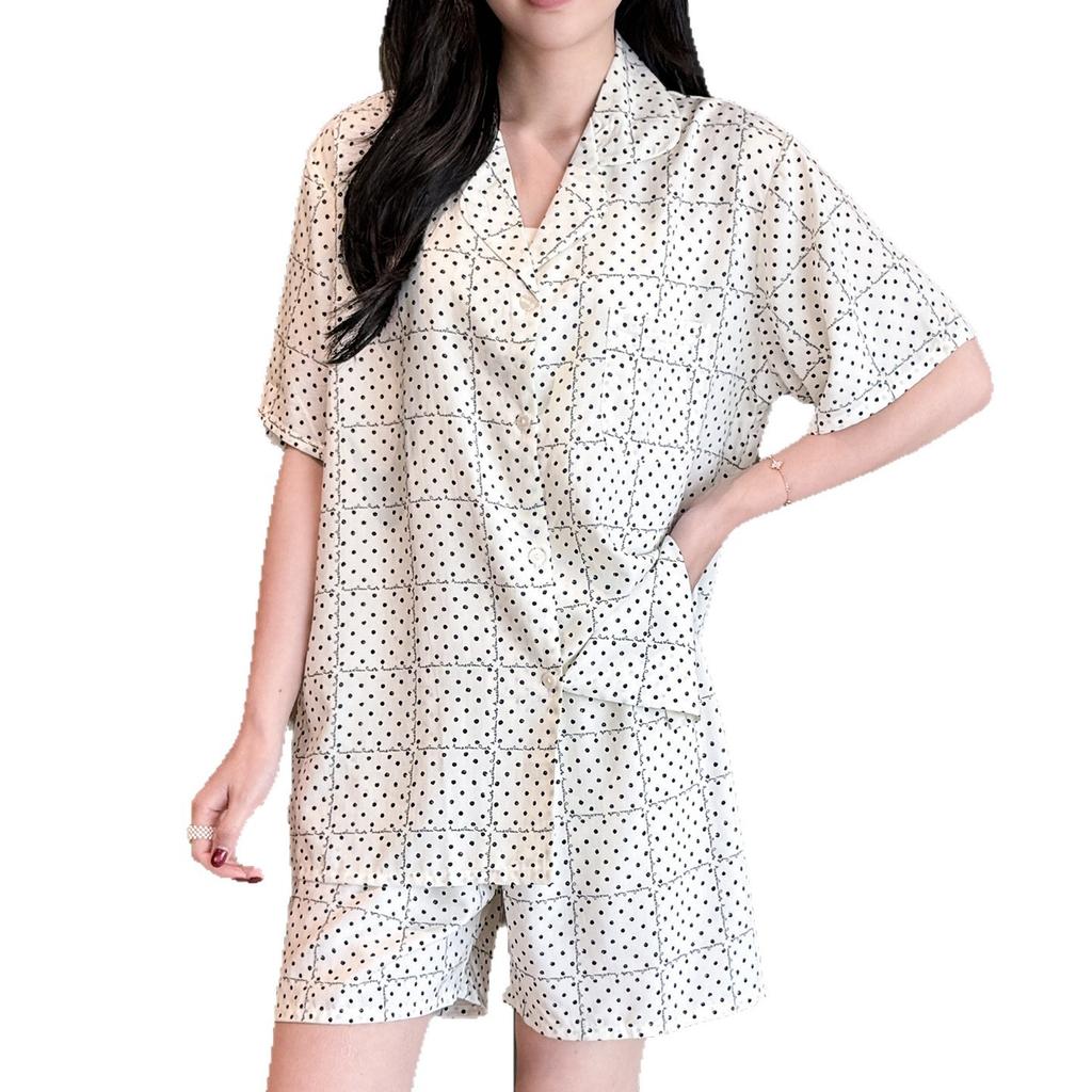 Sweet wind polka dot cotton and silk pajamas women's summer short-sleeved shorts lapel thin can be worn outside loungewear high-end suit