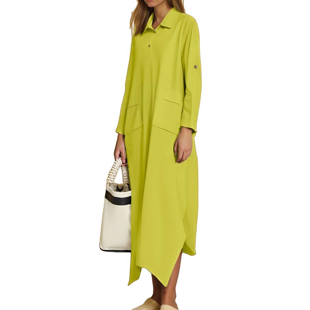 Women's Casual Solid Color Cotton And Linen V-Neck Long Sleeve Button Midi Dress