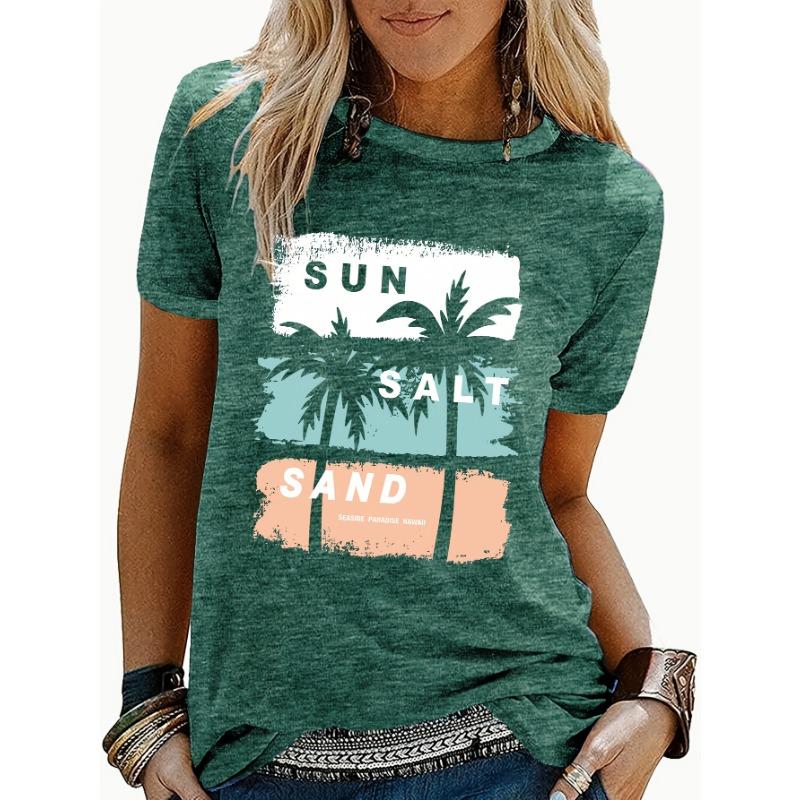 Beach coconut tree pattern printed women's round neck short-sleeved T-shirt, spring and summer casual printed short-sleeved tops for women