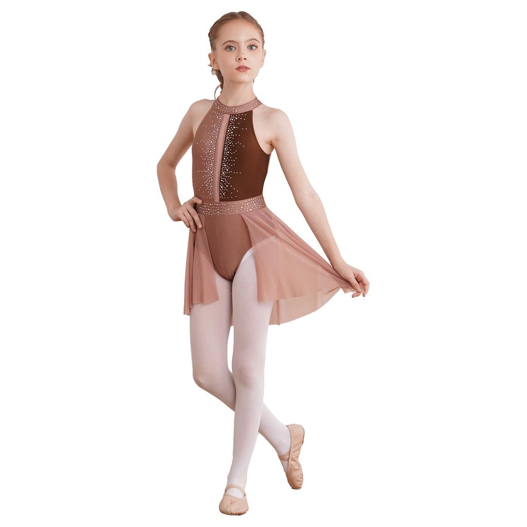 Girls Sleeveless Round Collar Shiny Rhinestone Decorated Backless Lyrical Dance Dress Performance Gown